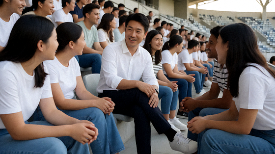 球迷在球场看台与社区活动中交流讨论的场景